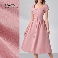 (Lovito Refine) Elegant Dress Button Pleated Good Texture Pink Dress for Women LR12L026 (Lovito Refi