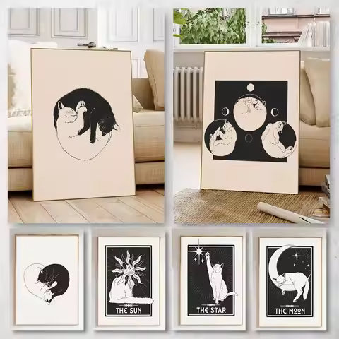 70s Inspired Vintage Cat Poster Moon Phases Yin and Yang Cats Astrology Sun Moon Star Cat Tarot Card