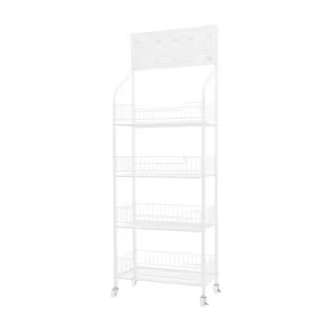 4 Tier Retail Counter Display Rack, Metal Shelving Unit with Hooks, Rolling Storage Shelf with Baske