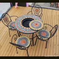 Courtyard Art Grilling Combination Mosaic Household Iron Table Barbecue Grill Outdoor Dining Table C