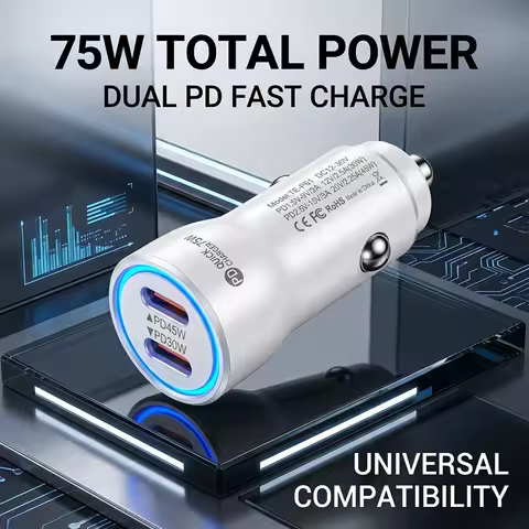 75W USB C Car Charger Dual PD Fast Charging Adapter 45W & 30W Type C Ports Stable Metal Shrapnel Fit