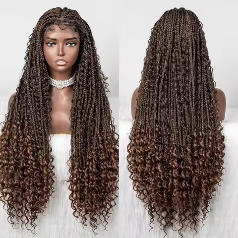 Synthetic Lace Front Boho Braids Wig 9x6 Lace Box Braided Bohemian Braids Wig Curly Ends Colored Box