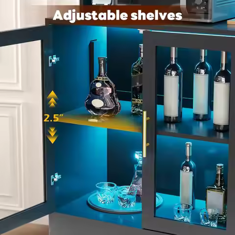 LED Bar Cabinet with Power Outlets, Drawers & Wine Rack, Glass Holder Sideboard for Living Room & Ki