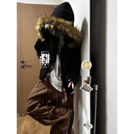 y2k y2k Jacket Asian Culture y2k Women's Clothing Japanese Black Fur Collar Sweatshirt Zipper Cardig