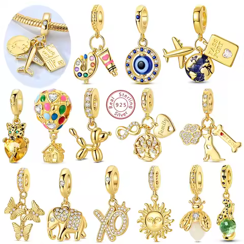 Original Charm Bead Pendent 925 Silver Gold Series Butterfly Firefly Earth Airplane Charm Fit Bracel