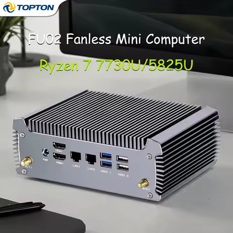 AMD Fanless Mini PC FU02 Ryzen 7 7730U 5825U R5 5625U, 2×2.5G LAN, WiFi 6, Ultra-Quiet Desktop Gamin