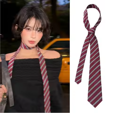 Y2K Retro Wine Red Striped Necktie Hand-tied Scarf Neck Accessory Paired Stylish Decorative Jeans Be