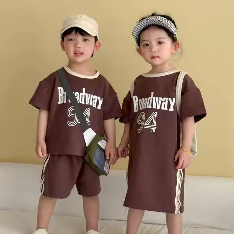 RAISE Summer Kids Brother Sister Matching Suits Muslin Letter Tees Shorts Outfit Children Girls Shor
