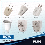Royu Plug 3A 10A 15A Regular Heavy Duty HD with Ground Socket Tandem Adapter Adaptor