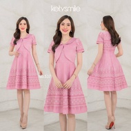 ชุดเดรสผ้าทอลาย แต่งกั๊กคอบัว กระดุมปั๊ม กระโปรง 8 ชิ้นทรงย้วย งานมีสาบคอสวยดูแพงมากค๊า  (S-2XL) KS5
