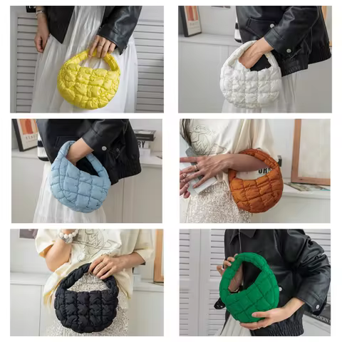 Pleated plaid cloud bag, mini handbag, down bubble bag, niche versatile handbag, dopamine-colored bu