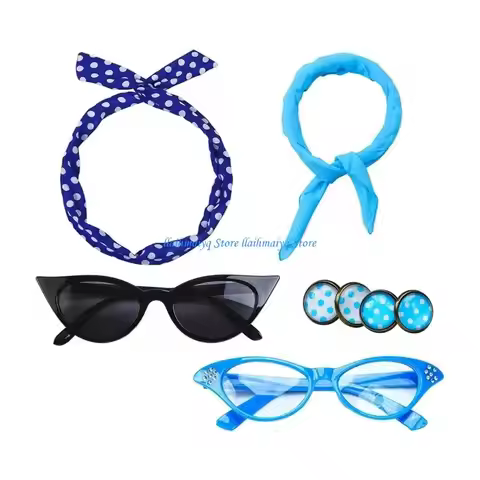 573B 50s Costumes Accessories for Women Girls 1950s Outfits with Cats Eye Glasses Scarf Bandana Tie 