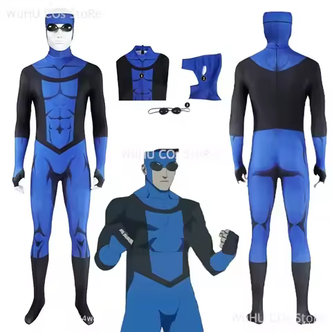 Anime Cartoon Invincible3 Blue Jumpsuit Mask Eyeglasses Male Superhero Man Hallowen Carnival Cloth M