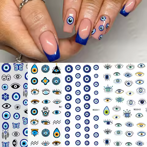 1 Sheet 3D Blue Evil Eye Design Nail Art Decals DIY Self-Adhesive Charms Abstract Line Sliders Decor