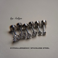 Minimalist Diamond Stud Earring | Flat Back | Hypoallergenic | Silver & Gold | 1pc Stainless Steel