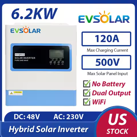 EVSOLAR 6200W Hybrid Solar Inverter 48V DC to 230V AC 120A MPPT Charger 9KW PV Panel Dual Output Can