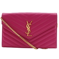 Saint Laurent 鏈條單肩包/鏈條錢包，絎縫皮革，粉紅色，按扣，女士 [二手]