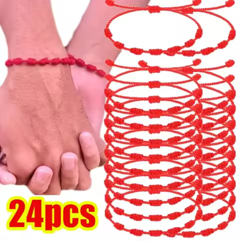 Red String Bracelets for Lucky 7 Knots Adjustable Handmade DIY Rope Bangles for Couple Frirends Amul