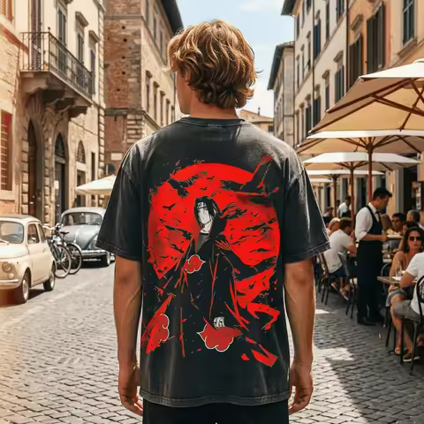 Itachi Uchiha Naruto Akatsuki Vintage Washed Cotton Oversized T-Shirt Men Streetwear Crow Graphic Ma