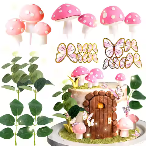LaVenty Pink Mushroom House Cake Decoration Mushroom Cake Decoration Fairy Cake Decoration Garden Fa