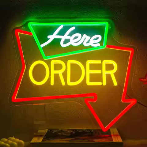 Order Here Neon Sign Dimmable Business Arrow Neon Light Sign LED for Supermarket Cash Desk Store Bar
