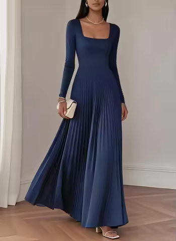 Fashion Square Neck Long Sleeve Fitted Bodice High Waist Pleated Swing Maxi Dress Wedding Guest Dres