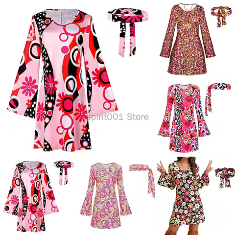 Women Ladies Hippie 60s 70s Hippy Flower Fancy Cosplay Dress Halloween Costume Flares Adult Outfit D