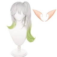 MisEino Game Genshin Impact Nahida Cosplay Wig + Elf Ears Short Grey Mixed Green Ponytail Wig Hallow