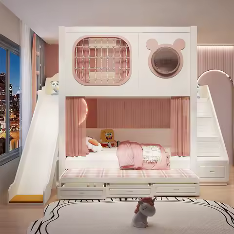 Triple Bunk Bed 3 Kids L-Shape Design Solid Wood Contemporary Eco-Friendly Bunk Bed Slide Stairs Sch