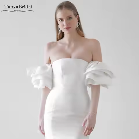 Layers Satin Puffy Detachable Wedding Sleeves With Slim Tulle Arms ,Bridal Fingerless Gloves Chic DG