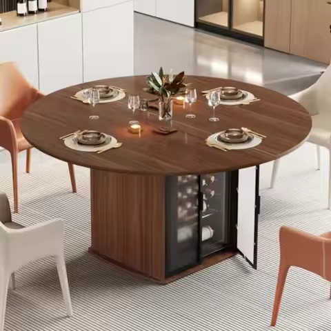 47 Inch Round Dining Table with Built-in Storage, Space-Saving Dining Room Table for 4, Modern Walnu