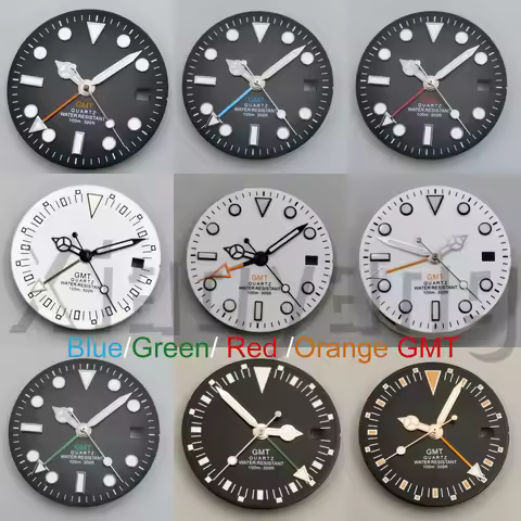 29mm 515 Quartz GMT Watch Dial Black White Dial With Blue Green GMT Hands Green Luminous Fit RONDA 5