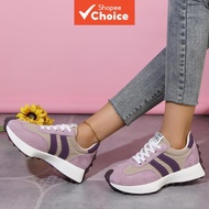 Women's Lavender Purple Beige Suede Dark Purple Two Stripe Platform Retro Sneakers, Lace-Up Lug Sole