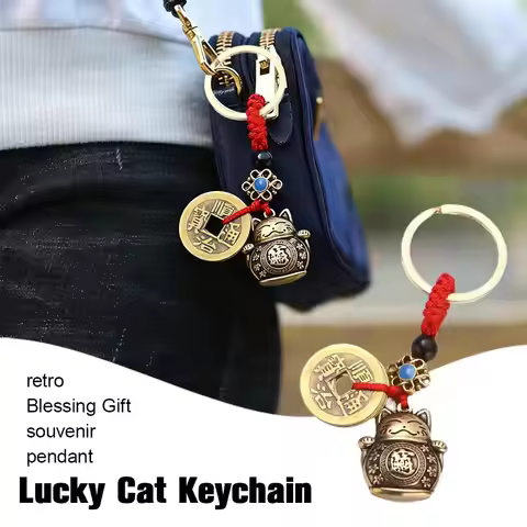 Vintage Pure Handmade Lucky Cat Car Keychain Lucky Cat Five Emperors Money Keychain Feng Shui Coins