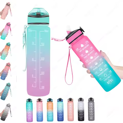 1L Sports Water Bottle With Straw Time Marker Gradient Color Motivational Bottle Leakproof Outdoor S
