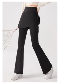 A145 黑色(M)修身喇叭裙褲 微喇褲 女彈性顯瘦 假兩件 抽繩 高腰 提臀瑜珈 休閒緊身褲