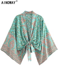 Vintage Boho Kimono Short Robe Swimsuits Kababaihan Fashion Green Floral Batwing Sleeves Rayon Bohem