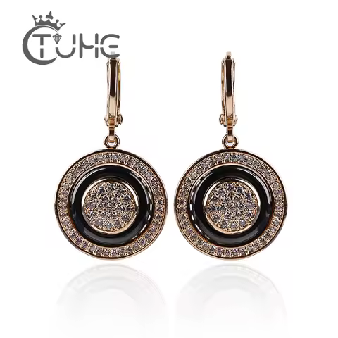 585 Rose Gold Round Black Stud Earring Micro Wax Inlay Natural Zircon Black Ceramic Women Wedding Ea