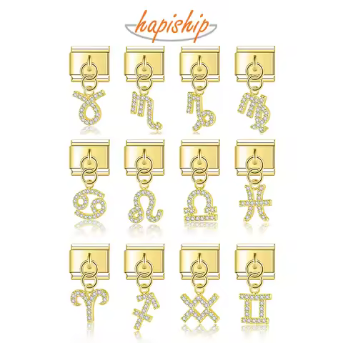 Hapiship Golden 12 Zodiac Signs Constellation Shiny CZ Italian Charms Fit 9mm Stainless Steel Bracel