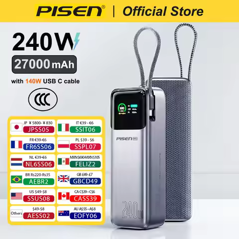 PISEN 240W Power Bank With Fast Charging Cable 27000mAh Portable PD3.1 CCC Powerbank for Laptop Note