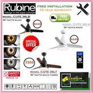 [FREE BASIC INSTALLATION!] RUBINE CUTE DC Motor Ceiling Fan with 3 Tone LED Light Kit and Remote Control |Sizes- 36" and 42" | Colours- MBK | MWH | TIMBER | 10 years warranty on MOTOR | FREE DELIVERY