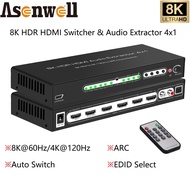 HDMI Switcher 4 IN 1 8K เครื่องแยกสัญญาณเสียง V2.1 Dolby Atmos Soundbar 7.1 4K120Hz HDR SPDIF Remote Tombol สำหรับ PS5 XBOX 2.0เครื่องขยายเสียง