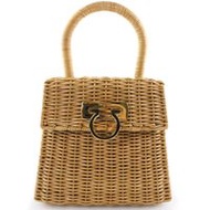 二手Salvatore Ferragamo Ferragamo Gancini 手提包 DO-216176，米色草編，磁扣​​，男女通用。