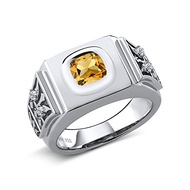 Gem Stone King Men's 925 Sterling Silver Cushion Yellow Citrine and White Topaz Ring (3.04 Cttw, Ava
