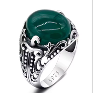 Real 925 Sterling Silver Aqeeq Ring for Men Green Natural Agate Stone Jewelry Vintage Gift Women Mal