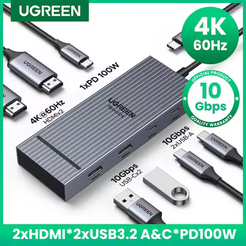 UGREEN USB-C HUB Dual HDMI 7-in-1 Type-C to 4K60Hz 2HDMI 10Gbps USB-A&C Ports PD100W for MacBook Lap