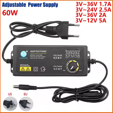 Adjustable 3V 5V 6V 9V 12V 24V 36V 1.7A 2A 5A 60W Universal AC/DC Adapter Display Screen Voltage Reg