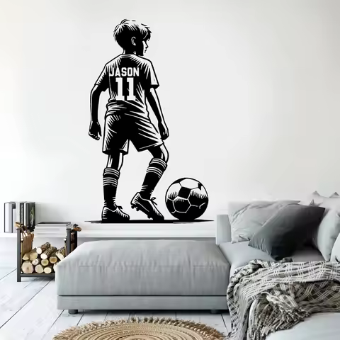 Personalized Name & No. Footballer Wall Sticker Vinyl Home Decor for Boy's Room Bedroom, Custom Socc