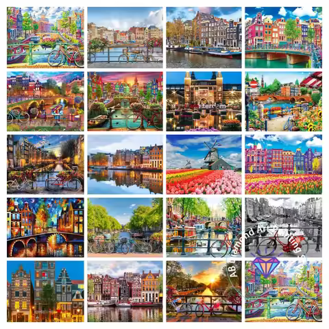 Amsterdam, Netherlands Bicycle Sunset City Landscape Diamond Painting Kit 5D DIY Diamond Embroidery 