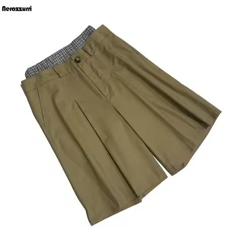 Nerazzurri Summer Autumn Plaid Patchwork Khaki Shorts for Men Double Waist Knee Length Pants Luxury 